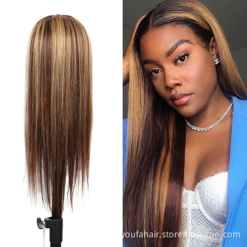 4*4 Lace Pre Plucked Straight Brown and Blonde Highlight Human Remy Hair Wig Blonde Highlighted Wigs Pinao Wig HD Lace Frontal